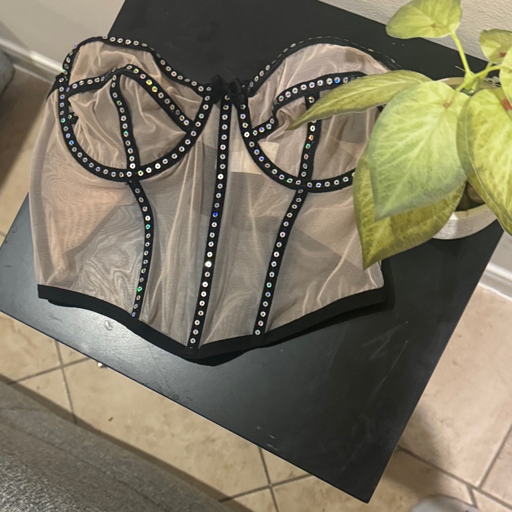 Sheer Black and Beige Bustier with Rhinestones
